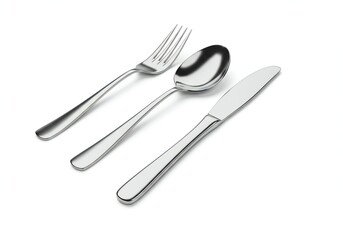 Showcase polished silver cutlery: a fork, spoon, and knife, arranged on a white background. Emphasize reflections and sleek lines with soft lighting.