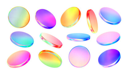3d glass disk shape hologram effect. Render abstract neon coin set. Fly round podium, disc, badge, lens, plate crystal isolation. Y2k hologram shape. Vector trendy illustration