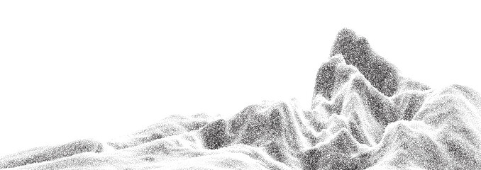Mountain stipple texture landscape. Abstract rock border hill, volcano, snow mountain halftone grain effect. Dotted terrain dotwork style. Vector graphic vintage illustration