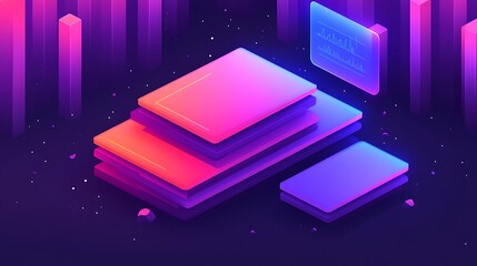 Colorful, layered geometric shapes with a glowing interface.