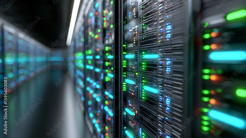 Poster server rack lights blinking in a modern data center, network and database infrastructure for interne