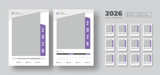 2026 wall calendar template, week starts Monday, set of 12 months, 12 pages