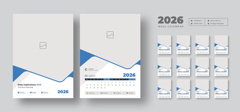 2026 wall calendar template, week starts Monday, set of 12 months, 12 pages