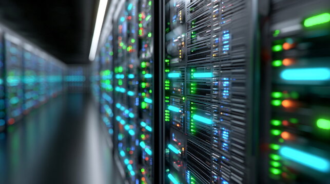 Server rack lights blinking in a modern data center, network and database infrastructure for internet connection.