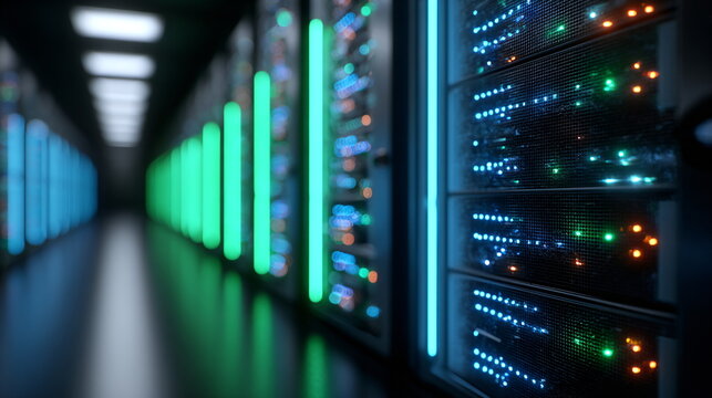 Server rack with blinking lights in a data center. Network infrastructure with technology equipment. Big data and information concept.