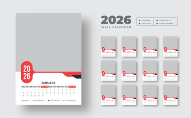 2026 wall calendar template | Editable 12-page monthly planner in vector format | Week starts on Monday | Clean printable design for office, corporate, or personal use
