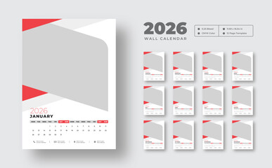 2026 wall calendar template design | Simple 12-month planner template in vector format | Week starts on Monday | Printable design for office, corporate, or business use