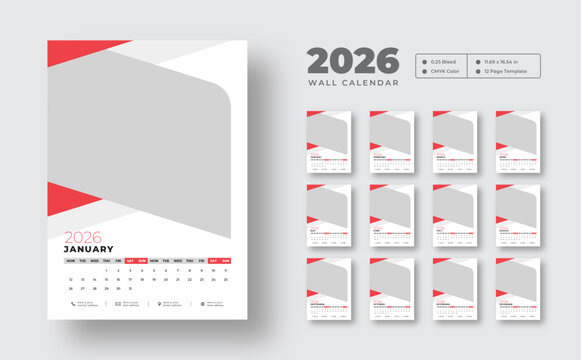 2026 wall calendar template design | Simple 12-month planner template in vector format | Week starts on Monday | Printable design for office, corporate, or business use