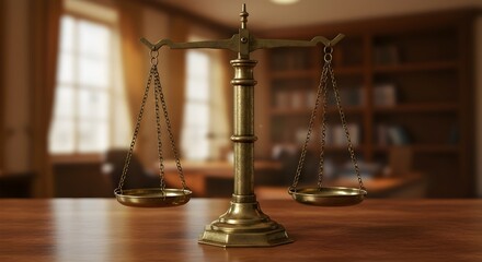 Bronze scales justice, law system representation. Symbol of legal balance, fairness, equality. Blurred background. Weight decision, judgement, equilibrium. Courtroom setting, authority, judiciary.