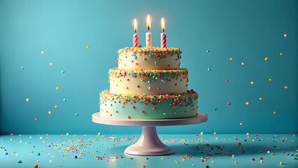 Colorful Sprinkle Birthday Cake with Candles on Blue Background