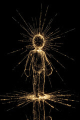 Generative AI Sparkling Figure on Black Background Spark Human Gold Black background Reflection Light Abstract Wireframe Geometric Shape Sphere Head Body Standing - High Quality