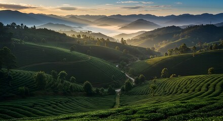 Rich green coffee plantation terraced on rolling hills under soft morning sunlight. AI technology captures expansive rows of coffee plants. Represents agriculture, organic farming, natural beverage.