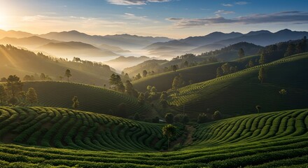 Rich green coffee plantation terraced on rolling hills under soft morning sunlight. AI technology captures expansive rows of coffee plants. Represents agriculture, organic farming, natural beverage.