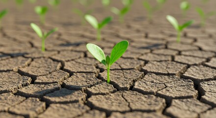 Green plants sprout from cracked earth. Drought, climate change, agriculture, eco concepts. Symbol of resilience, life, growth against hardship. Environment, conservation, nature comeback.