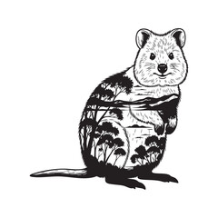 Cheerful quokka marsupial with a Rottnest Island landscape