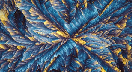 Abstract Artistry in Crystal Formation Revealing Intricate Blue and Yellow Fractal Patterns