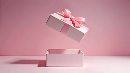 Pink Gift Box with Ribbon and Floating Lid on Monochromatic Background