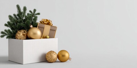 Elegant Gold Christmas Gift Box with Festive Ornaments