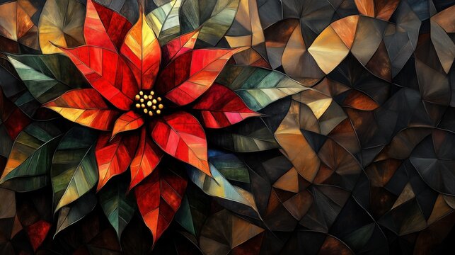 Poinsettia flower, stained glass mosaic style.