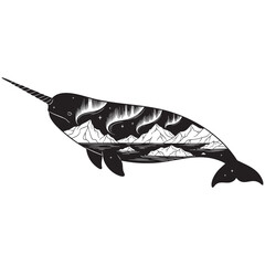 Polar narwhal whale with northern lights over icy mountains © MAHEDI