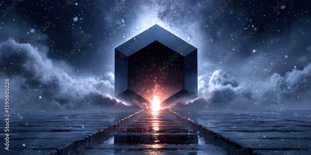 Poster a surreal image showing a glowing hexagonal structure above a reflective water surface, surrounded b