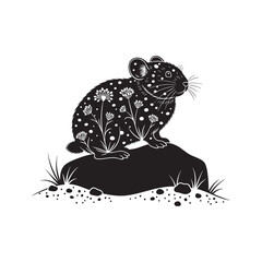 A small pika rodent on a rock with a floral pattern inside