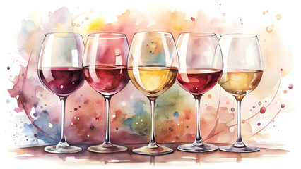 Colorful Wine Glasses with Artistic Watercolor Splash Background