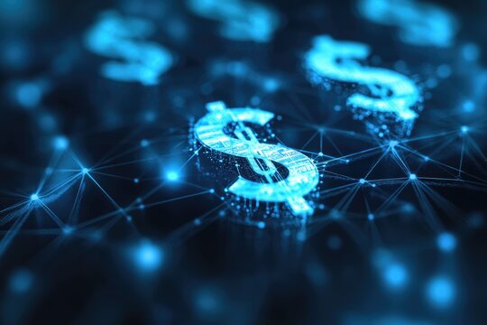 Abstract digital dollar signs, interconnected network