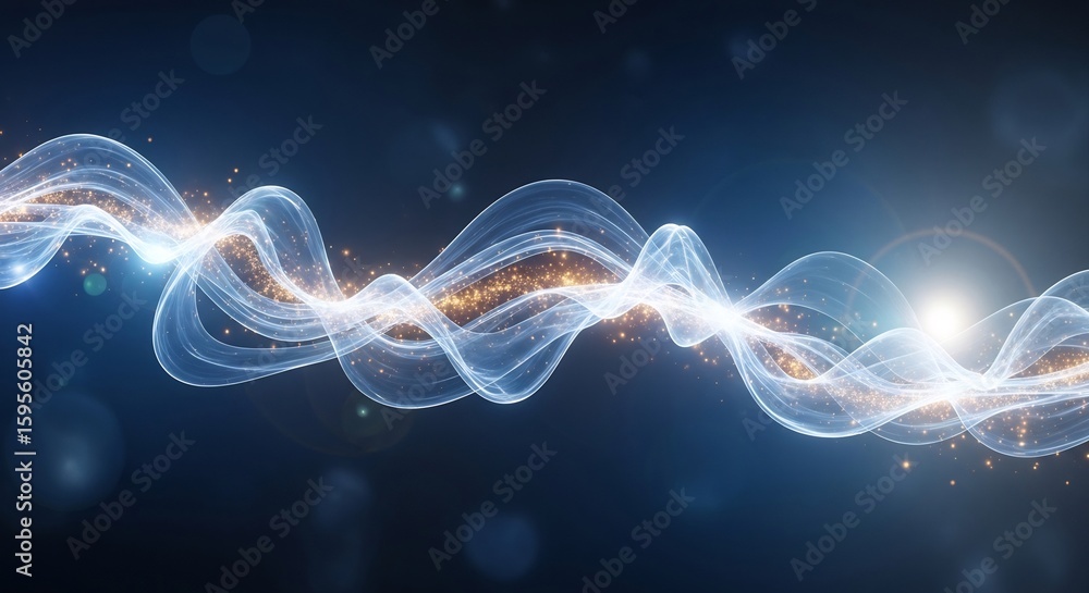 Poster luminous waveform of translucent energy with sparkling golden particles.