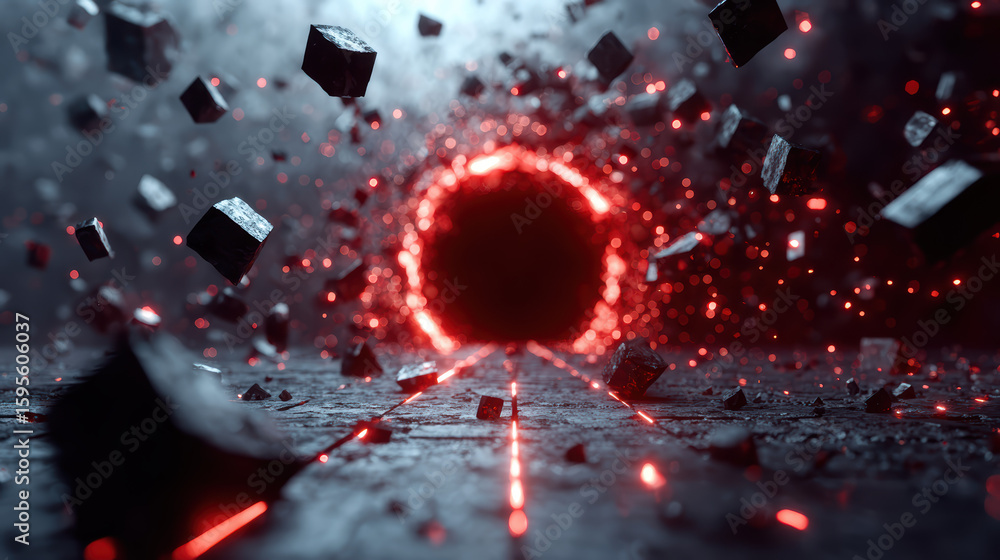 Poster a dark, futuristic scene showing a glowing red circular portal with floating black cubes around it o