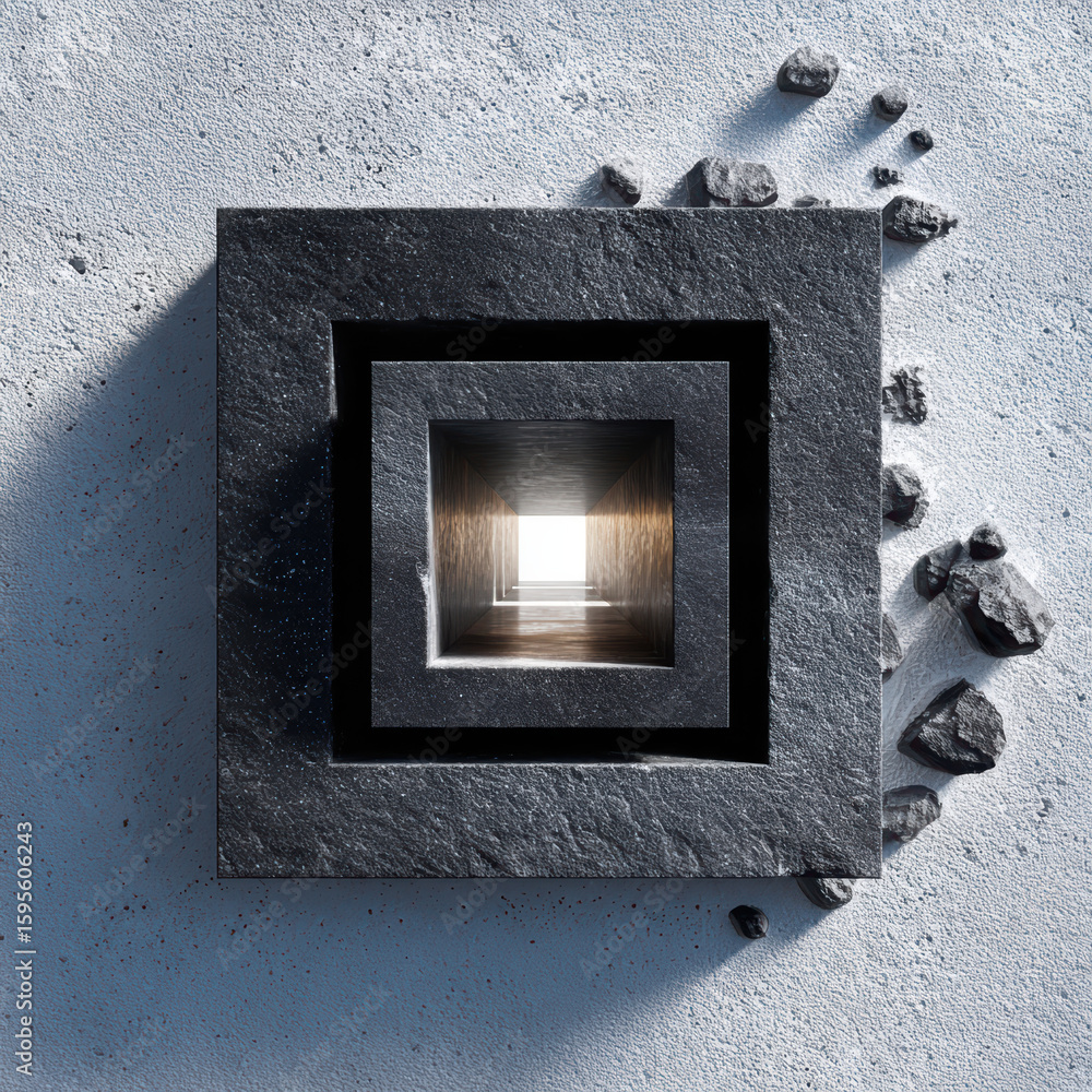 Poster a top-down view of a square, layered black stone structure with a hollow center, casting shadows on 