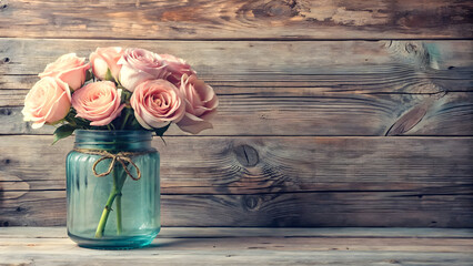 Pink Roses in Blue Mason Jar on Rustic Wooden Background Decor
