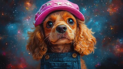 Cute cocker spaniel puppy in overalls and a pink hat against a galaxy background.