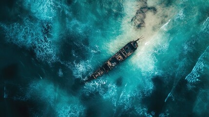 An aerial view of a shipwreck partially submerged in turquoise ocean waters near a sandy shore.