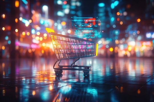 Futuristic shopping cart with digital interface in a vibrant city night scene