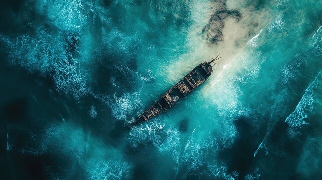 An aerial view of a shipwreck partially submerged in turquoise ocean waters near a sandy shore. - Powered by Adobe