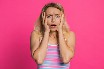 Sad young Caucasian woman feeling hopelessness loneliness, nervous breakdown, loses becoming...