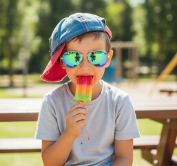 Boy In Sunglasses And Hat Eating Popsicle Outdoors