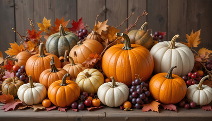 Colorful Autumn Pumpkins and Leaves Harvest Display

