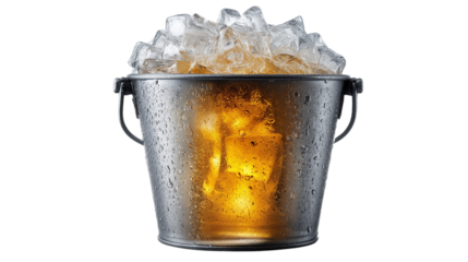 Metal Bucket Filled with Ice Cubes and a Golden Liquid on Clear