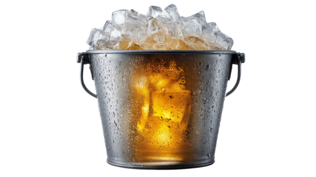 Metal Bucket Filled with Ice Cubes and a Golden Liquid on Clear