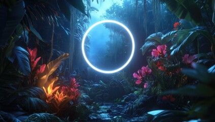 Neon circle in a vibrant jungle
