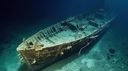 Rolgordijnen An ancient shipwreck rests on the ocean floor, covered in marine growth and illuminated by underwater light. © Phonphysith