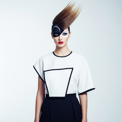A striking fashion model with avant-garde makeup and unique gravity-defying hairstyle in a modern studio setting.