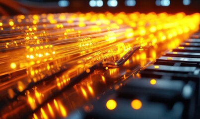 Close-up of glowing, orange-yellow fibers arranged in parallel lines on a dark, metallic surface.  Intense light highlights the fibers
