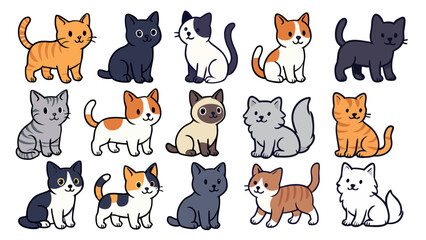 Cute Cartoon Cat Collection in Various Breeds and Colors in Hand-Drawn Style.