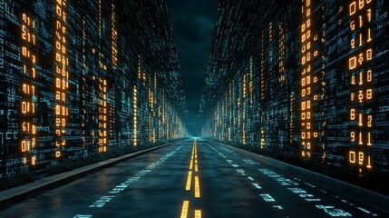 Digital pathway lined with glowing binary code.
