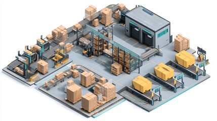 Modern Automated Warehouse with Conveyor Belts and Packaging Operations