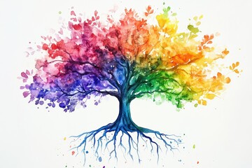 Colorful watercolor tree with vibrant leaves and roots