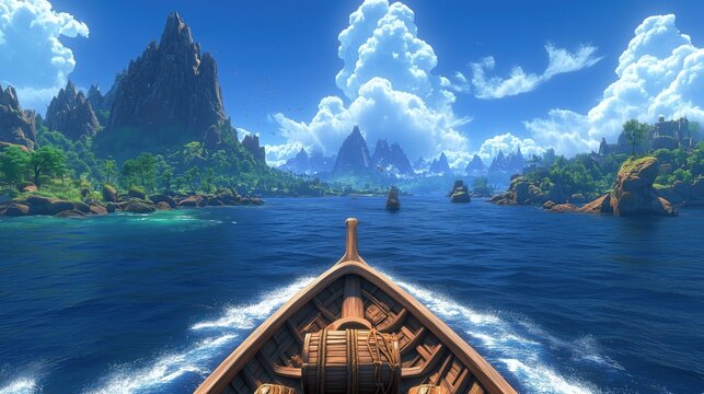 First-person view from a Viking longboat sailing towards majestic islands.